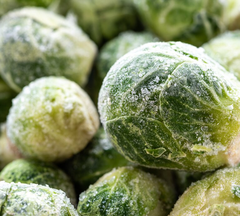 Nahaufnahme von gefrorenen Rosenkohlröschen mit Eiskristallen auf den grünen Blättern, dicht nebeneinander liegend. | © Shutterstock/Svetlana Monyakova