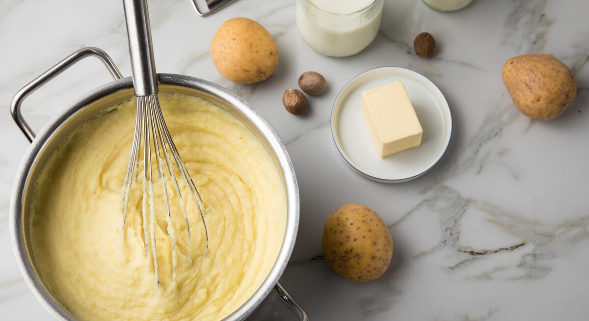 Kartoffelpüree in einem Topf mit Schneebesen, daneben Kartoffeln, Butter, Milch und Muskatnüsse auf hellem Marmortisch.