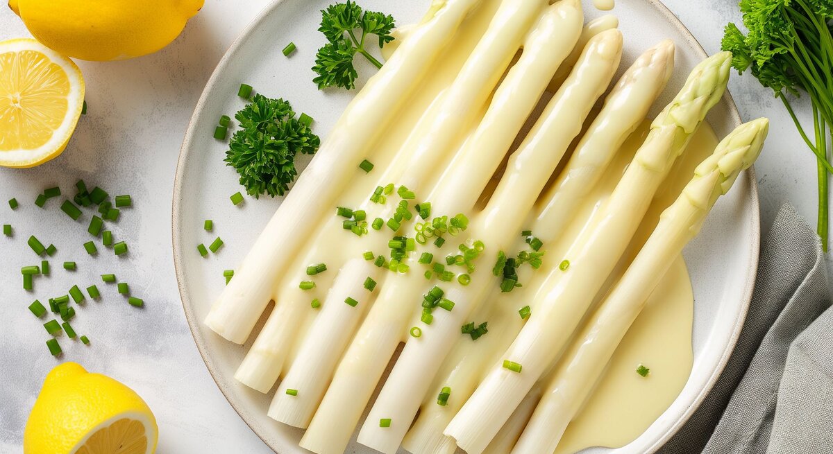 Frisch gekochte weiße Spargelstangen mit cremiger Sauce Hollandaise, garniert mit Schnittlauch auf weißem Teller neben Zitronen.