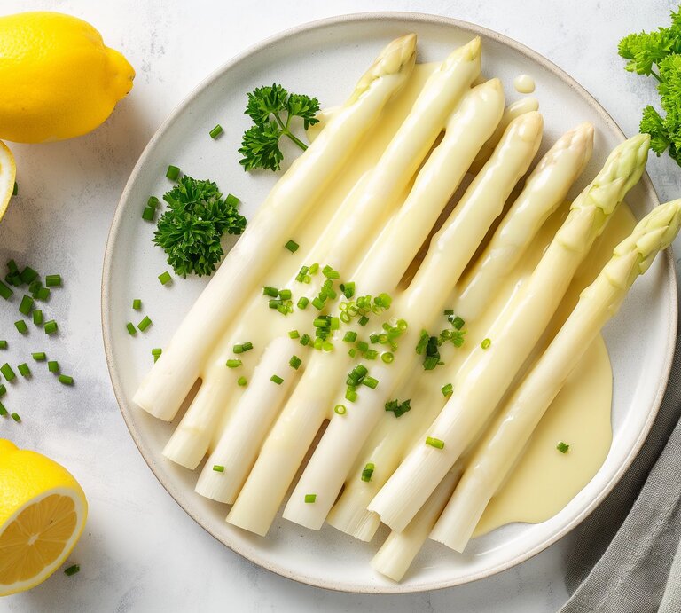 Frisch gekochte weiße Spargelstangen mit cremiger Sauce Hollandaise, garniert mit Schnittlauch auf weißem Teller neben Zitronen. | © AdobeStock/Echelon IMG