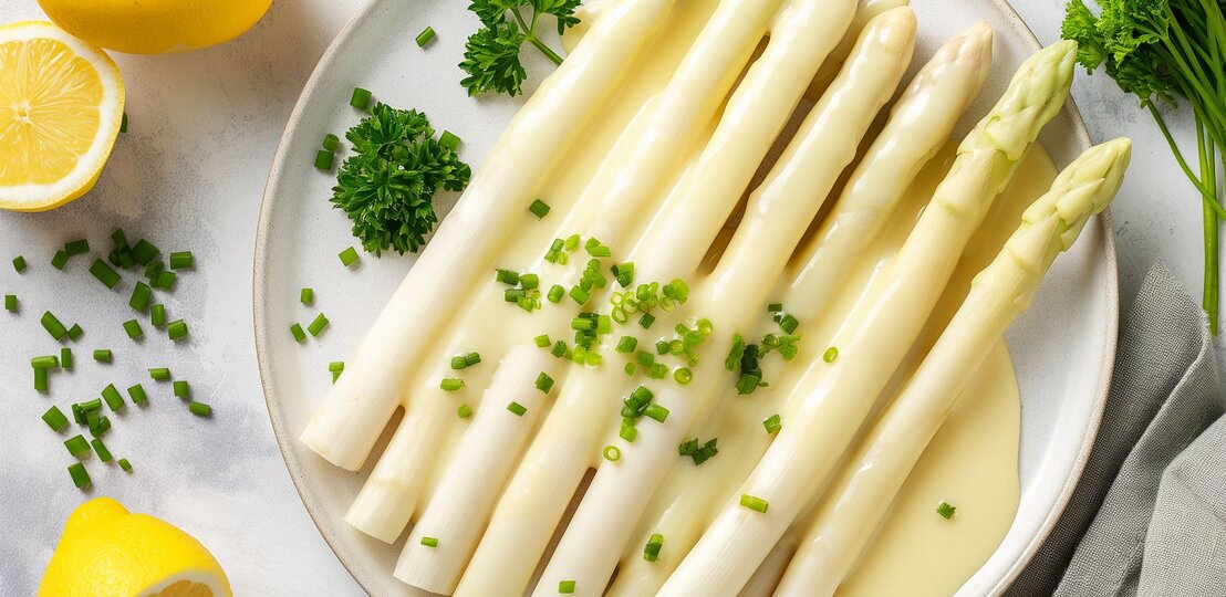 Frisch gekochte weiße Spargelstangen mit cremiger Sauce Hollandaise, garniert mit Schnittlauch auf weißem Teller neben Zitronen. | © AdobeStock/Echelon IMG