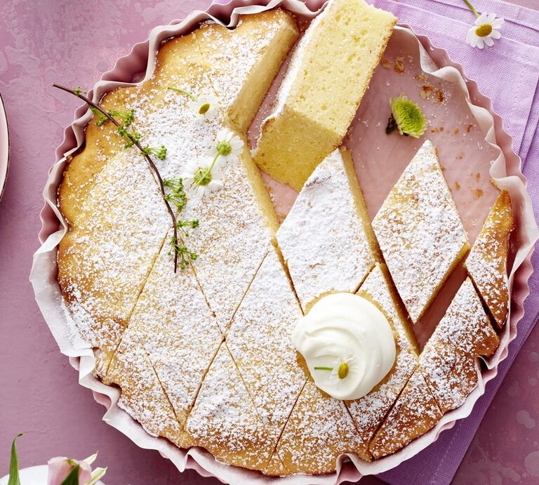 Der Kuchen in Rauten geschnitten auf einem violetten Untergrund direkt von oben fotografiert. | © EAT CLUB/ Isabell Triemer