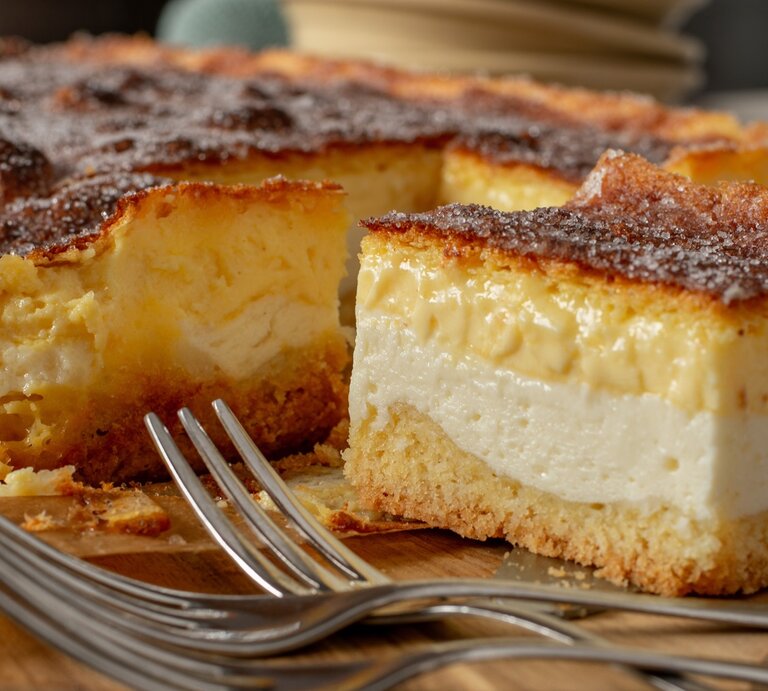 Der Blechkuchen mit einem Stück davon auf einem Teller und dunklen Schneidebrett nah fotografiert. | © Shutterstock/ Angelika Heine