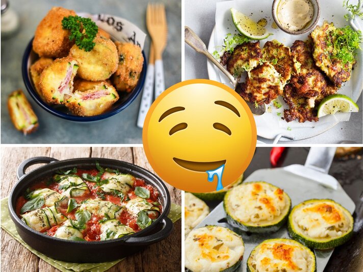 Collage mit vier Zucchini-Gerichten: links oben panierte Zucchini-Taler mit Schinken und Käse, rechts oben knusprige Zucchini-Puffer mit Dip und Limette, links unten Zucchini-Röllchen in Tomatensoße, rechts unten gratinierte, gefüllte Zucchini-Scheiben; in der Mitte ein sabbernder Emoji. | © Collage: StockFood / Gargioni, Claudia; Shutterstock/ Katerina Tuveleva; iStoc.com/ALLEKO; StockFood