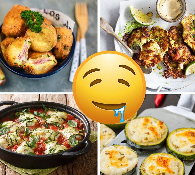 Collage mit vier Zucchini-Gerichten: links oben panierte Zucchini-Taler mit Schinken und Käse, rechts oben knusprige Zucchini-Puffer mit Dip und Limette, links unten Zucchini-Röllchen in Tomatensoße, rechts unten gratinierte, gefüllte Zucchini-Scheiben; in der Mitte ein sabbernder Emoji. | © Collage: StockFood / Gargioni, Claudia; Shutterstock/ Katerina Tuveleva; iStoc.com/ALLEKO; StockFood