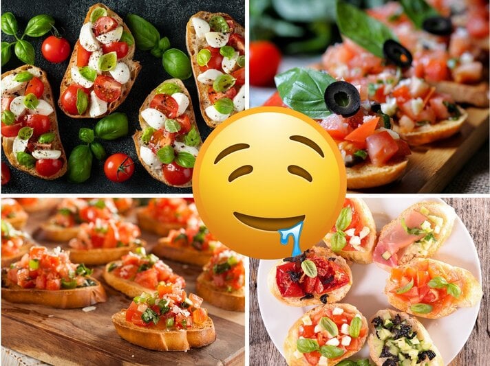 Collage mit knusprigen Bruschetta-Variationen aus Tomaten, Basilikum, Mozzarella, Oliven und Schinken, dekorativ auf verschiedenem Geschirr angerichtet. | © Collage: bildderfrau.de; Canva
