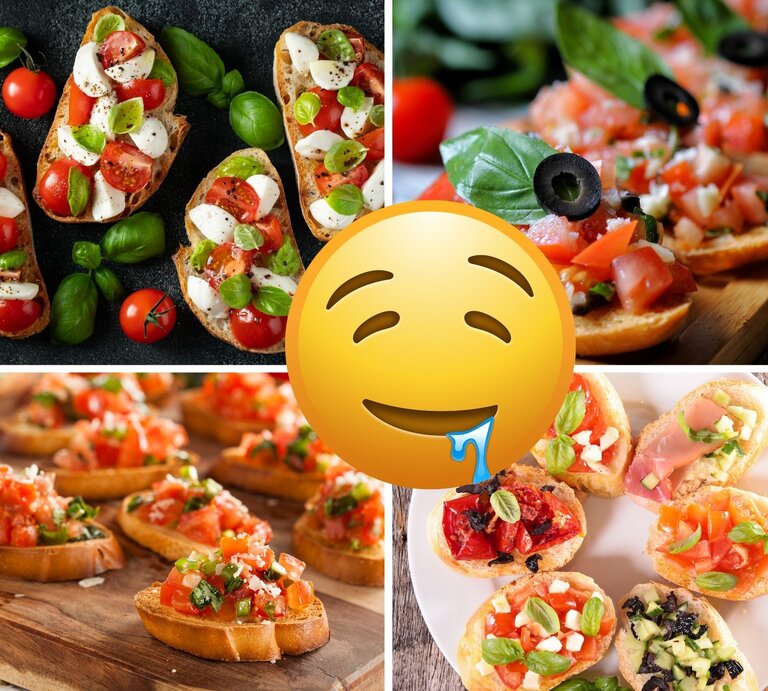 Collage mit knusprigen Bruschetta-Variationen aus Tomaten, Basilikum, Mozzarella, Oliven und Schinken, dekorativ auf verschiedenem Geschirr angerichtet. | © Collage: bildderfrau.de; Canva