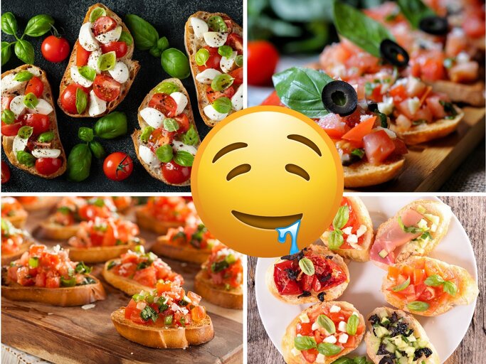 Collage mit knusprigen Bruschetta-Variationen aus Tomaten, Basilikum, Mozzarella, Oliven und Schinken, dekorativ auf verschiedenem Geschirr angerichtet. | © Collage: bildderfrau.de; Canva