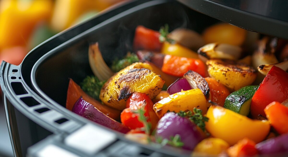 Ein Airfryer gefüllt mit verschiedenen Gemüsesorten. 