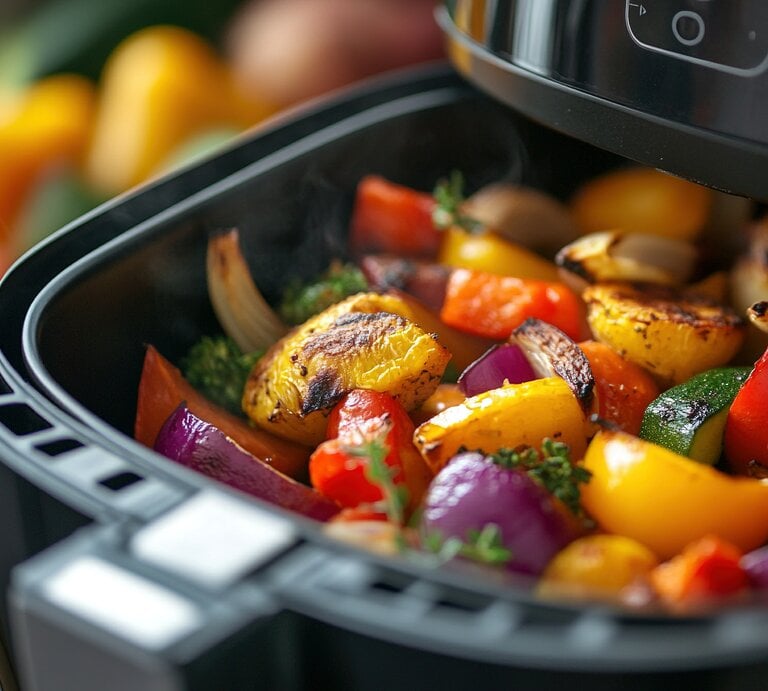 Ein Airfryer gefüllt mit verschiedenen Gemüsesorten.  | © AdobeStock/aishzwn
