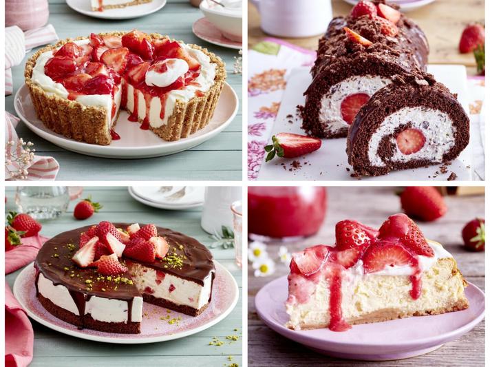 vier >Erdbeerkuchen in einer Collage | © [M] EAT CLUB