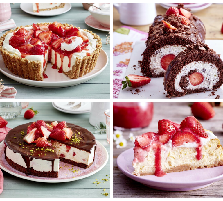 vier >Erdbeerkuchen in einer Collage | © [M] EAT CLUB