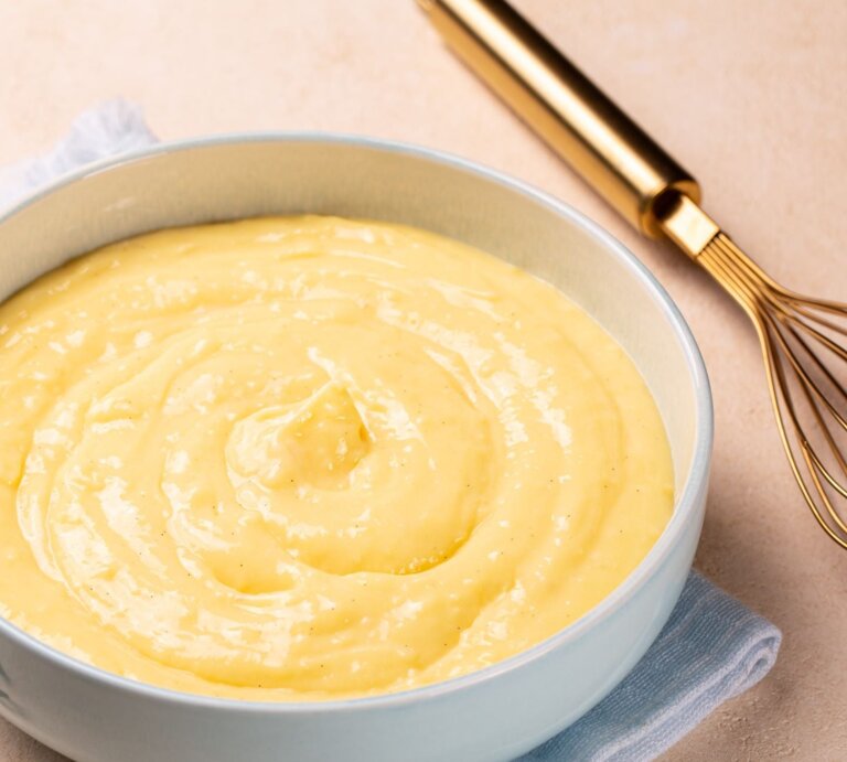Low Carb Nachtisch: Cremiger Vanillepudding in einer hellblauen Schale auf einem hellblauen Tuch, daneben Vanilleschoten und ein goldener Schneebesen. | © Shutterstock/OlgaBombologna
