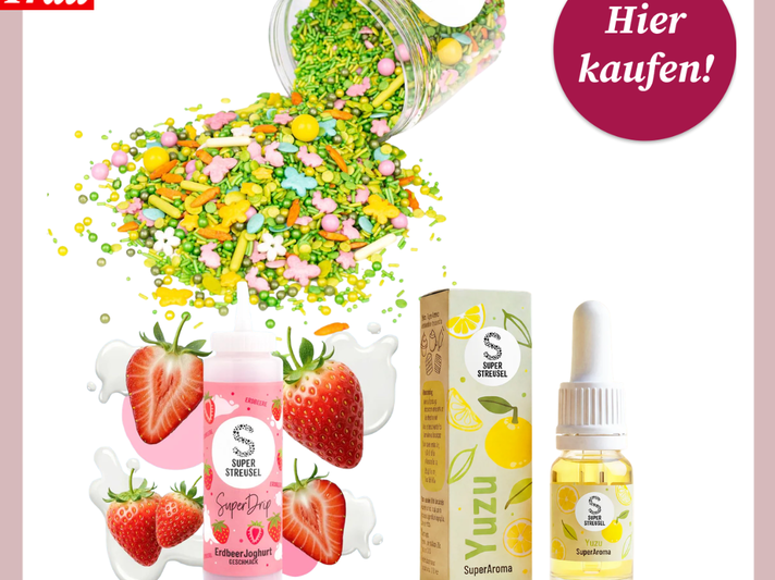 Buntes Zuckerstreusel-Mix fließt aus Glas auf hellem Hintergrund, daneben Erdbeeren, Fläschchen mit Aroma und Yuzu-Produkt. | © Amazon/Canva/Collage:bildderfrau.de