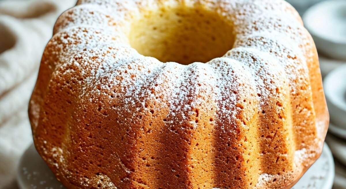 Frisch gebackener Vanille-Joghurt-Schüttelkuchen mit gleichmäßiger Kruste und feinem Puderzucker auf rustikal gedecktem Tisch.