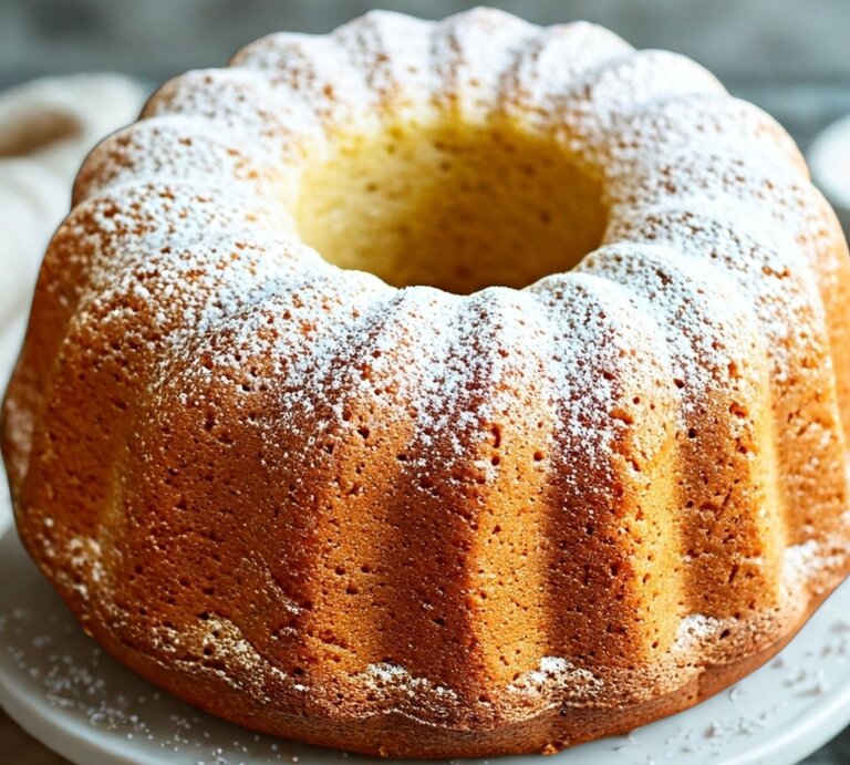 Frisch gebackener Vanille-Joghurt-Schüttelkuchen mit gleichmäßiger Kruste und feinem Puderzucker auf rustikal gedecktem Tisch. | © KI generiert