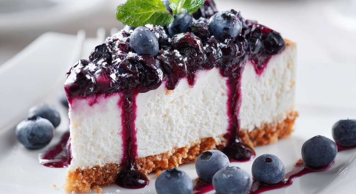 Fruchtiger Blaubeer-Quark-Kuchen mit Keksboden, beeriger Glasur und Minzblatt auf stilvoll gedecktem Teller.