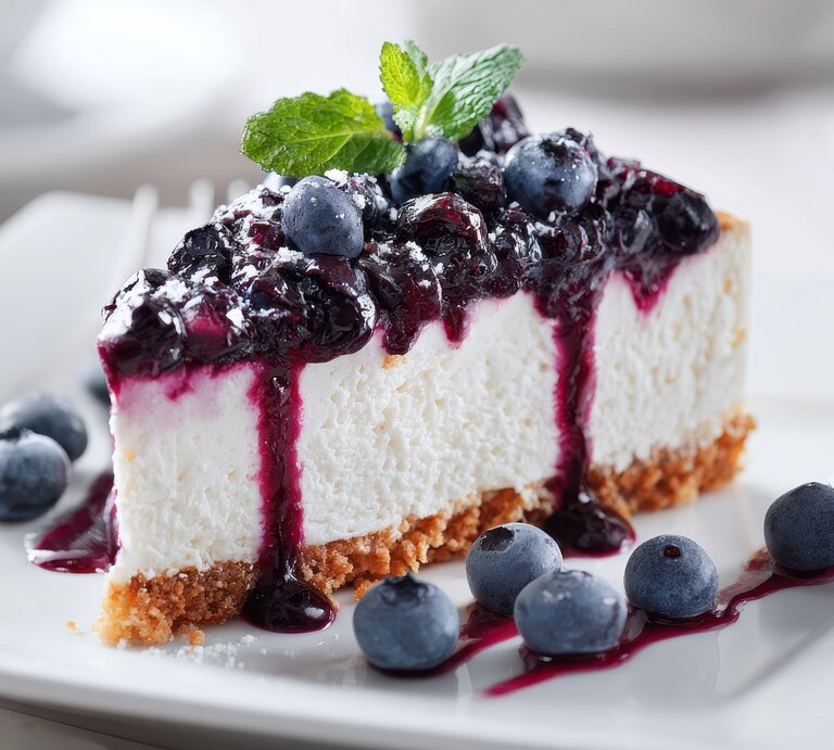 Fruchtiger Blaubeer-Quark-Kuchen mit Keksboden, beeriger Glasur und Minzblatt auf stilvoll gedecktem Teller. | © Adobe Stock/ LimeSky (Generiert mit KI)