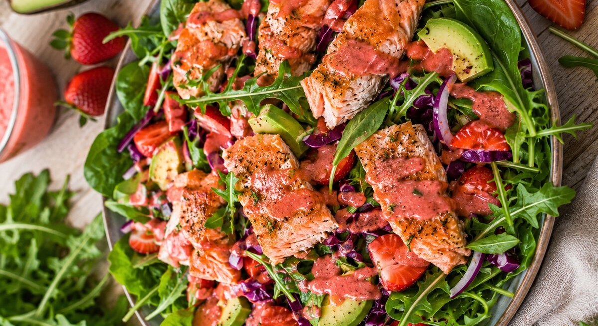 Großaufnahme großer Teller mit Lachsalat mit Löwenzahn und Erdbeeren.