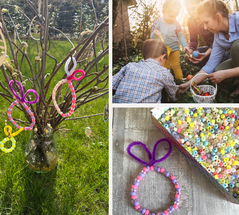 Bunter Osterstrauch in Glasvase auf grüner Wiese, geschmückt mit Perlenanhängern in Hasenform und Papierdeko im warmen Frühlingslicht. | © Canva/Madeleine Liedke/ Collage:bildderfrau.de