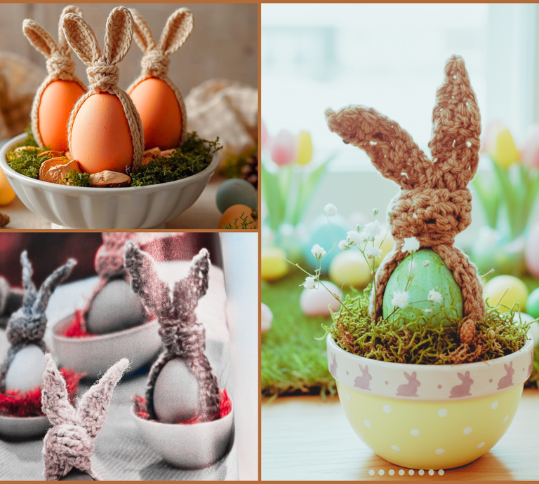 Eine Collage zeigt bunte Ostereier mit handgefertigten Häkel-Ohren als Hasen. | © Canva / AI [M]