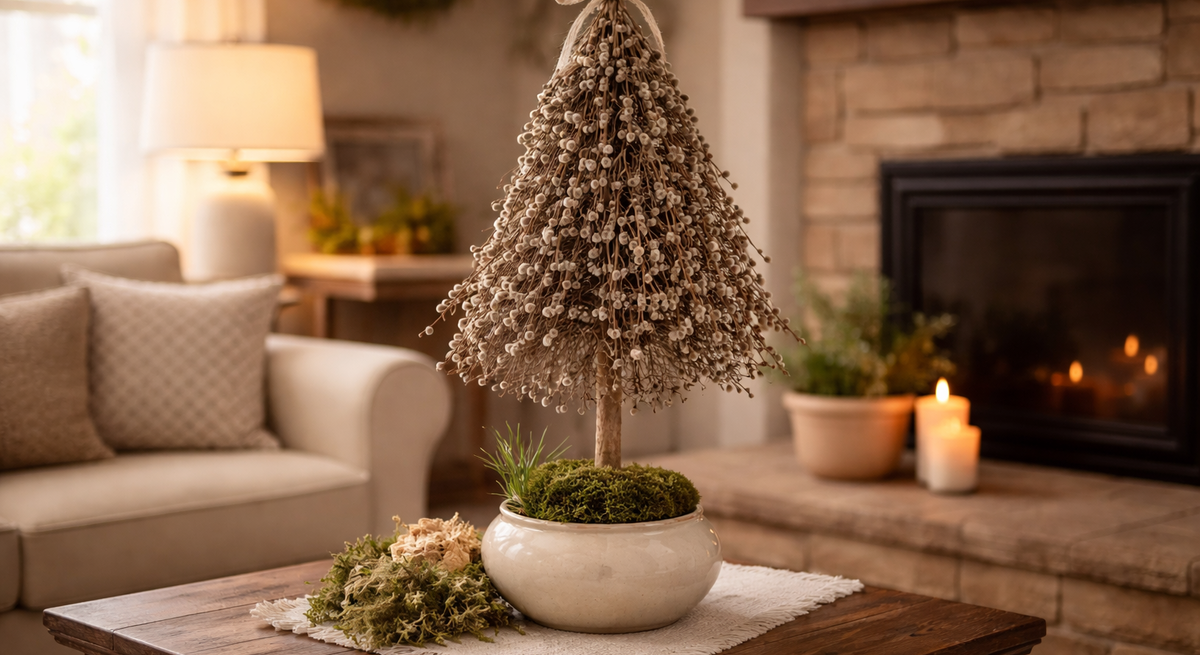 Dekorativer Baum aus Weidenkätzchen in Keramikschale auf Holztisch vor Kamin, Kerzenlicht und gemütlichem Wohnzimmer