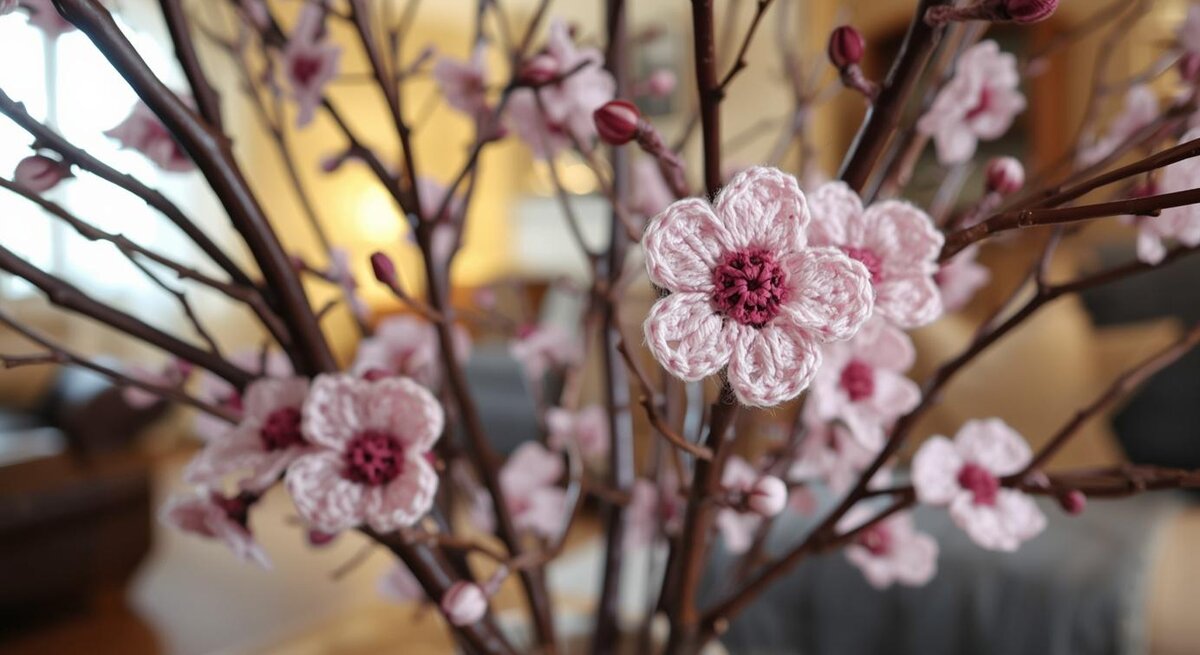 Helle Häkelblüten mit rotem Kern zieren braune Zweige in einer Vase, dahinter ein gemütlicher Raum mit gedämpftem Licht.