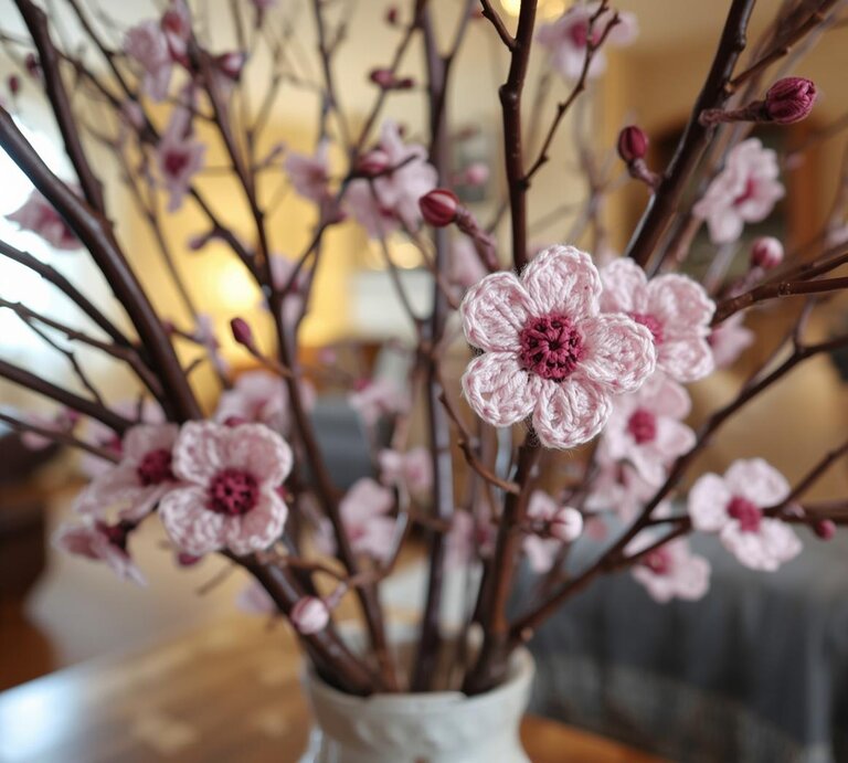 Helle Häkelblüten mit rotem Kern zieren braune Zweige in einer Vase, dahinter ein gemütlicher Raum mit gedämpftem Licht. | © Canva / AI