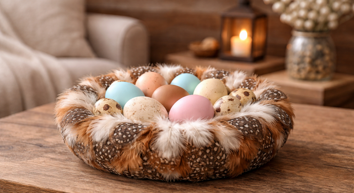 Ein dekoratives Osternest aus Federn mit pastellfarbenen und gesprenkelten Eiern steht auf einem rustikalen Holztisch vor Kerzenschein.