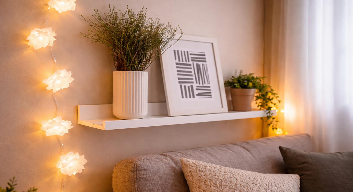 Warme Lichterkette aus Butterbrotpapier mit weißen Blüten hängt neben Wandregal mit Vase, Bild und Pflanze über einem beigen Sofa im gemütlichen Wohnzimmer.