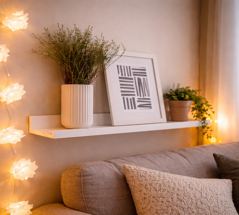 Warme Lichterkette aus Butterbrotpapier mit weißen Blüten hängt neben Wandregal mit Vase, Bild und Pflanze über einem beigen Sofa im gemütlichen Wohnzimmer. | © Generiert mit KI (Erstellt mit ChatGPT) 