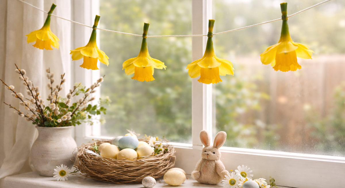 Fünf leuchtend gelbe Narzissen hängen kopfüber an einer Schnur vor hellem Fenster; darunter Osternest mit bunten Eiern und kleiner Hase.