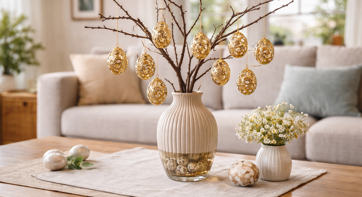 Cremefarbene Vase mit Zweigen und hängenden goldenen Ostereiern aus Heißkleber steht auf Holztisch, daneben kleine Blumen vor hellem Sofa im Wohnzimmer.
