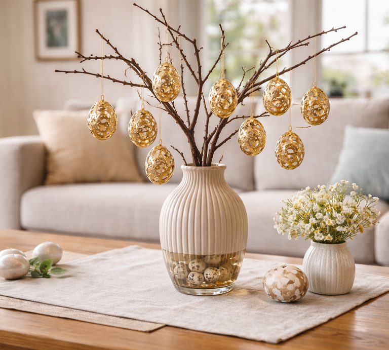 Cremefarbene Vase mit Zweigen und hängenden goldenen Ostereiern aus Heißkleber steht auf Holztisch, daneben kleine Blumen vor hellem Sofa im Wohnzimmer. | © Erstellt mit KI (Generiert mit ChatGPT) 