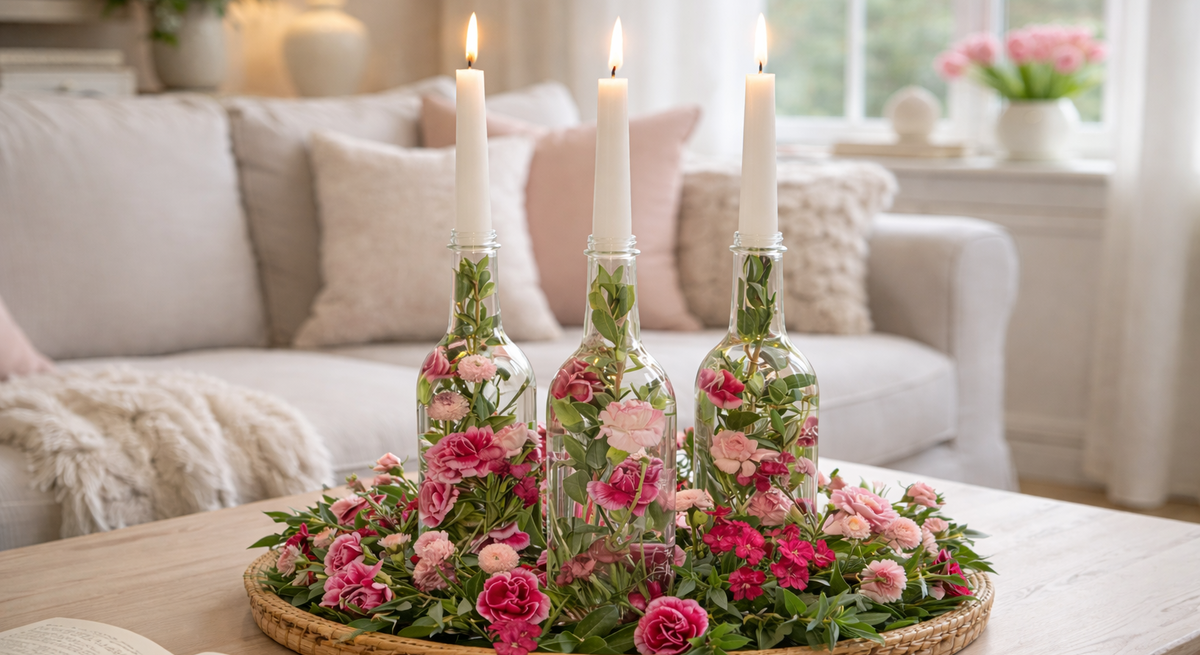 Drei brennende weiße Kerzen stecken in Glasflaschen mit rosa Blumen und grünen Zweigen auf einem runden Tablett auf hellem Couchtisch.