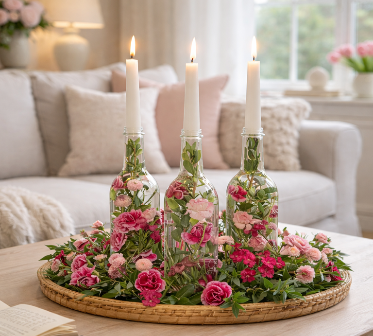 Drei brennende weiße Kerzen stecken in Glasflaschen mit rosa Blumen und grünen Zweigen auf einem runden Tablett auf hellem Couchtisch. | © Genriert mit KI (Erstellt mit ChatGPT) 