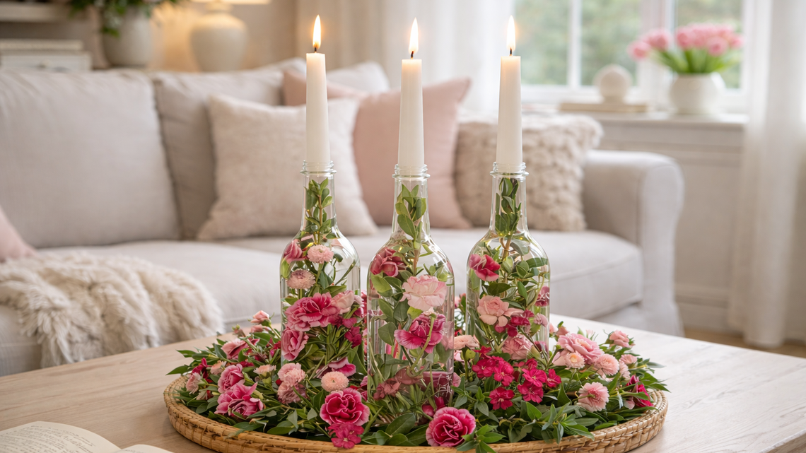 Kerzenständer aus Glasflaschen: Die romantischste Dekoidee mit Blumen