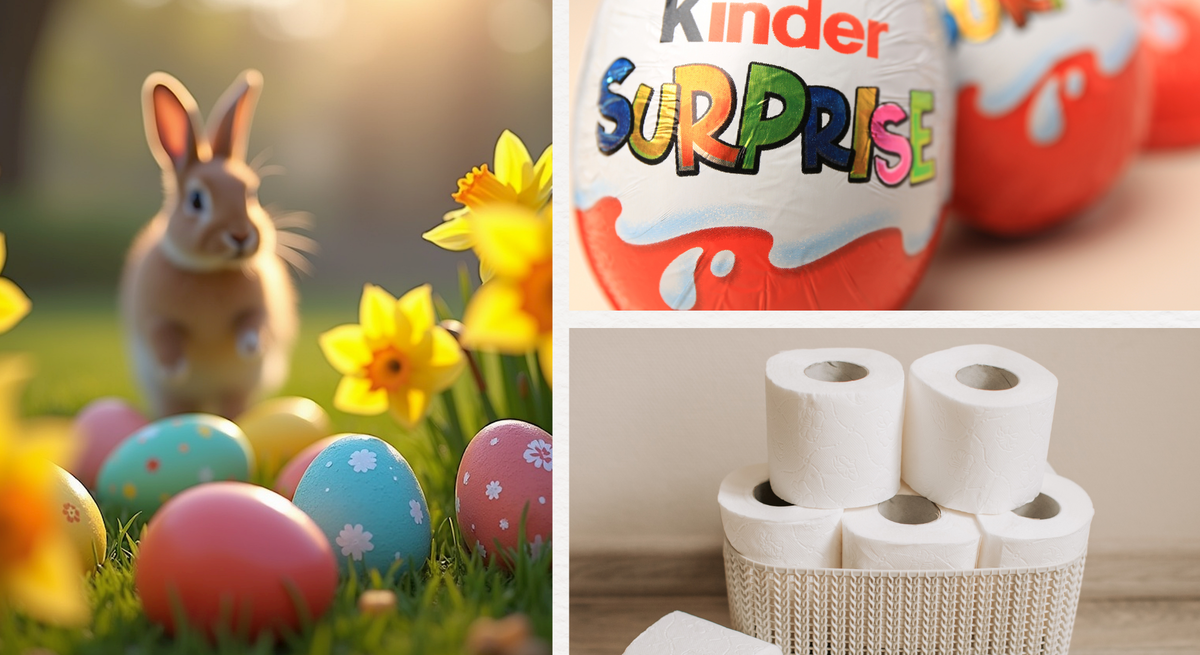 Ein kleiner Hase sitzt zwischen bunten Ostereiern und gelben Narzissen im Gras, daneben Kinder-Überraschungseier und Toilettenrollen.