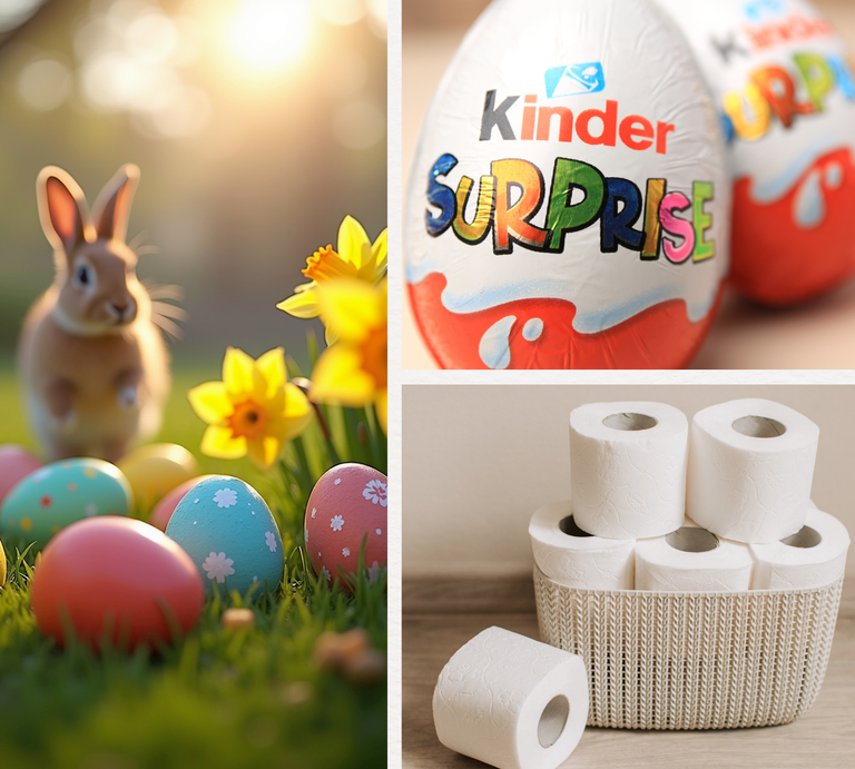 Ein kleiner Hase sitzt zwischen bunten Ostereiern und gelben Narzissen im Gras, daneben Kinder-Überraschungseier und Toilettenrollen. | © Canva/Collage:bildderfrau.de