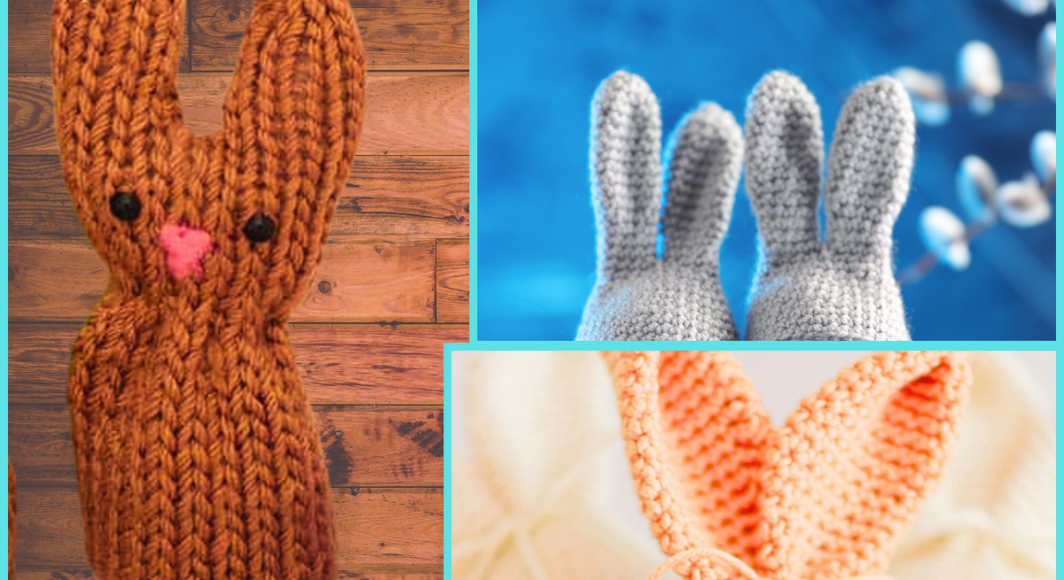 Eine Collage mit gestrickten Hasen aus braunem, grauem und orangefarbenem Garn, vor Hintergründen aus Holz, Blau und Creme.