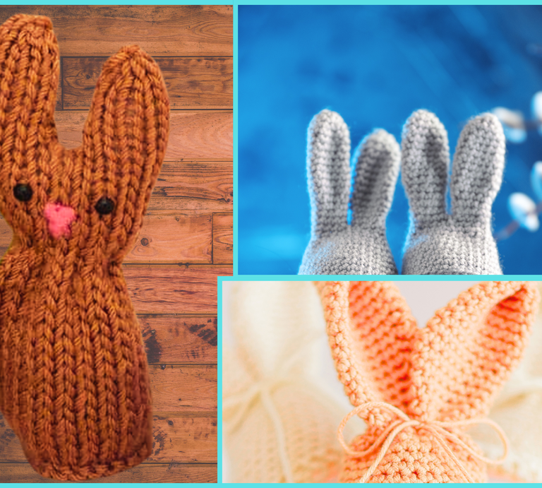 Eine Collage mit gestrickten Hasen aus braunem, grauem und orangefarbenem Garn, vor Hintergründen aus Holz, Blau und Creme. | © Canva / AI [M]
