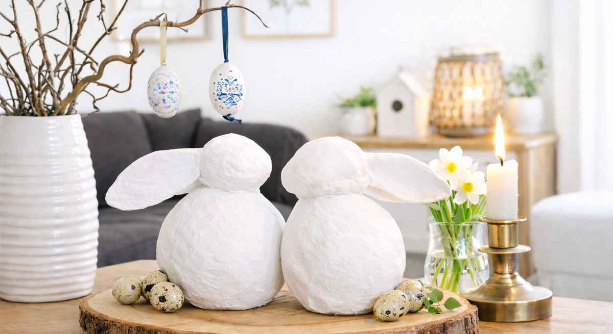 Zwei weiße DIY-Deko-Osterhasen aus Zeitung sitzen Rücken an Rücken auf einer Holzscheibe, daneben Kerze, Narzissen und kleine Wachteleier.
