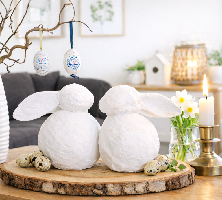 Zwei weiße DIY-Deko-Osterhasen aus Zeitung sitzen Rücken an Rücken auf einer Holzscheibe, daneben Kerze, Narzissen und kleine Wachteleier. | © Generiert mit KI (Erstellt mit ChatGPT) 