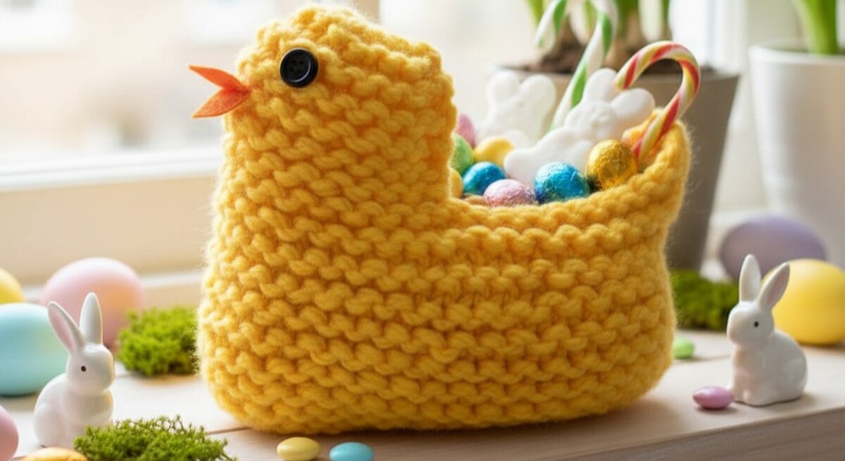 Ein gestricktes gelbes Körbchen in Form eines Kükens, gefüllt mit bunten Ostereiern und Zuckerstangen auf einer frühlingshaft dekorierten Fensterbank.