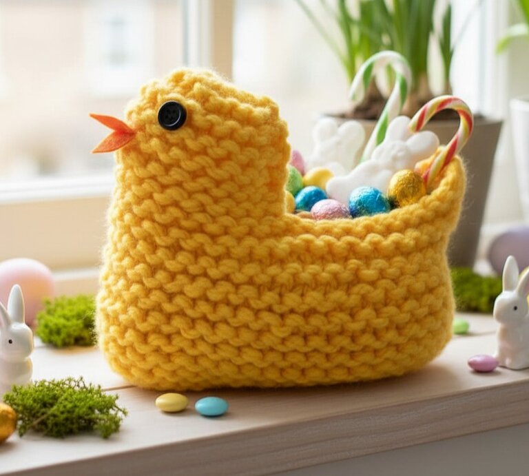 Ein gestricktes gelbes Körbchen in Form eines Kükens, gefüllt mit bunten Ostereiern und Zuckerstangen auf einer frühlingshaft dekorierten Fensterbank. | © AI