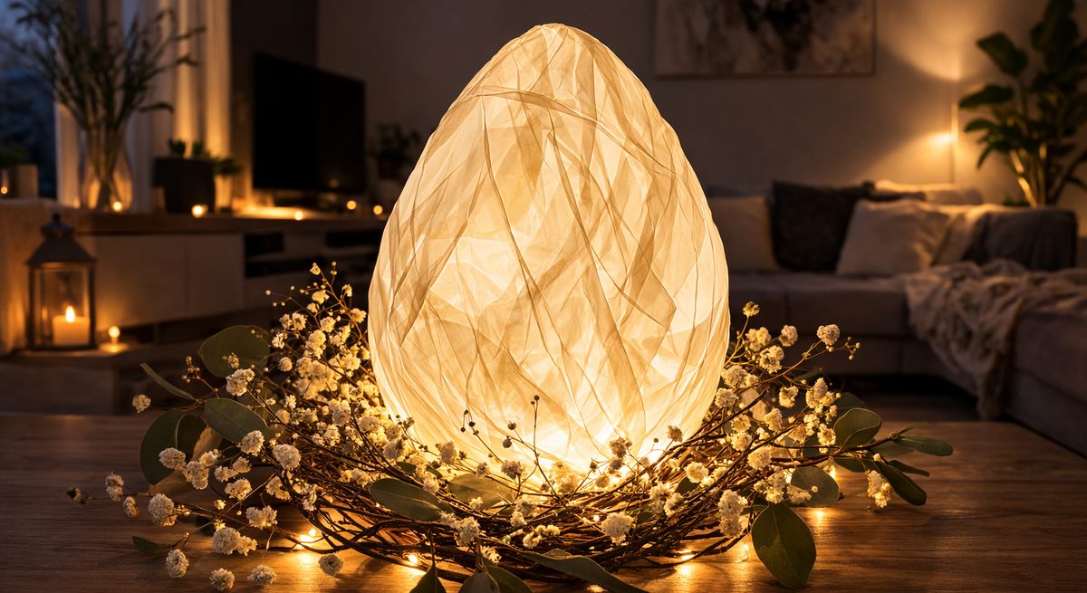 Leuchtendes  Ei aus Butterbrotpapier ruht in einem Kranz aus feinen Blüten auf einem Tisch, dahinter Sofa und gedämpftes Licht im Wohnzimmer.