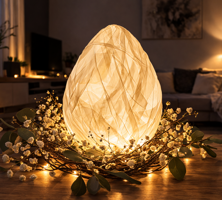 Leuchtendes  Ei aus Butterbrotpapier ruht in einem Kranz aus feinen Blüten auf einem Tisch, dahinter Sofa und gedämpftes Licht im Wohnzimmer. | © Generiert mit KI (Erstellt mit ChatGPT) 
