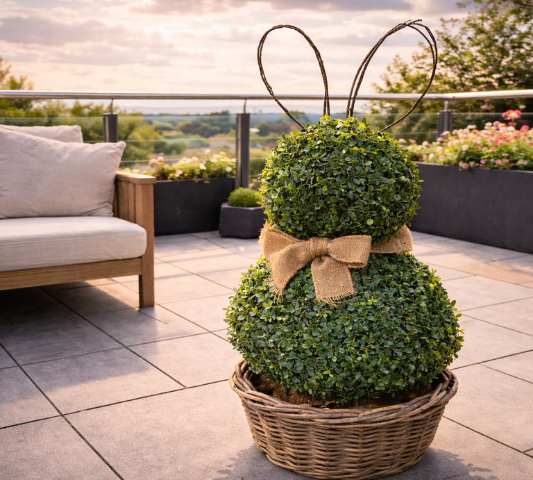 Zwei kugelförmige Buchsbäume mit Schleife und Drahtohren stehen dekorativ im Korb auf sonniger Terrasse mit Weitblick. | © Generiert mit KI (Erstellt mit ChatGPT) 