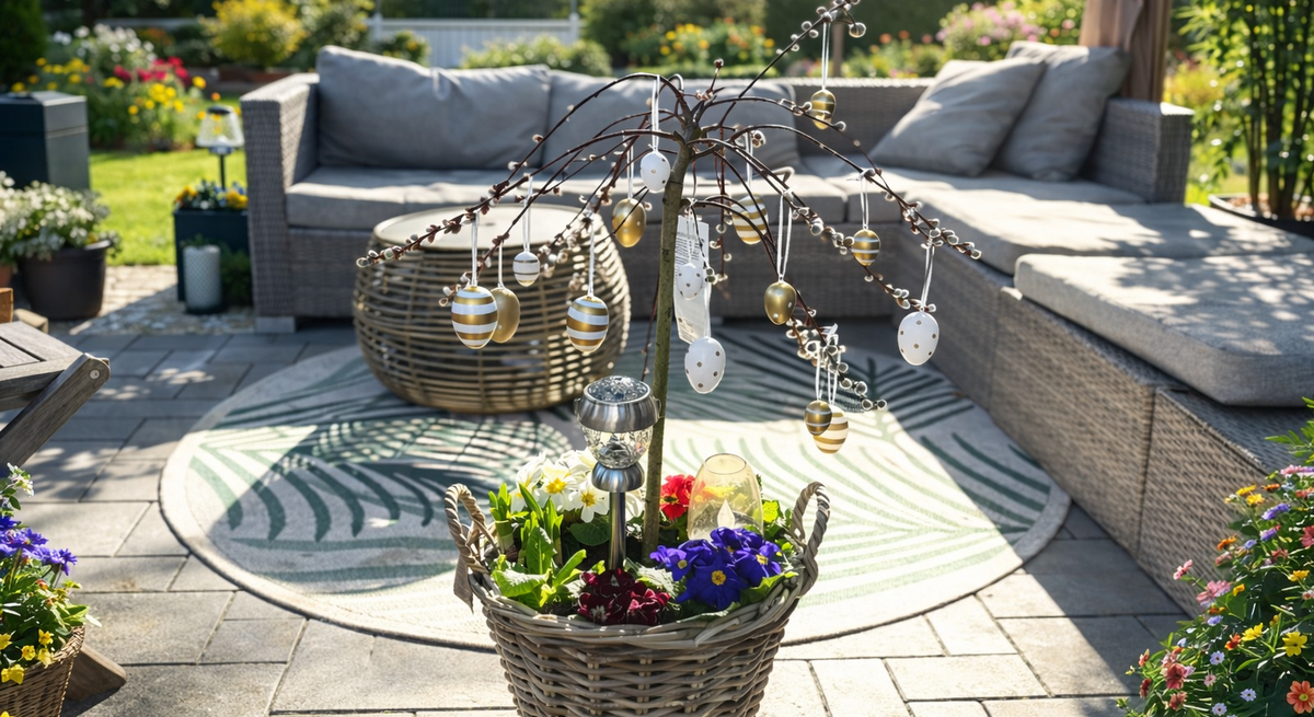 Ein mit goldenen und weißen Ostereiern geschmückter Zweig steht in einem Korb mit bunten Frühlingsblumen auf sonniger Terrasse.