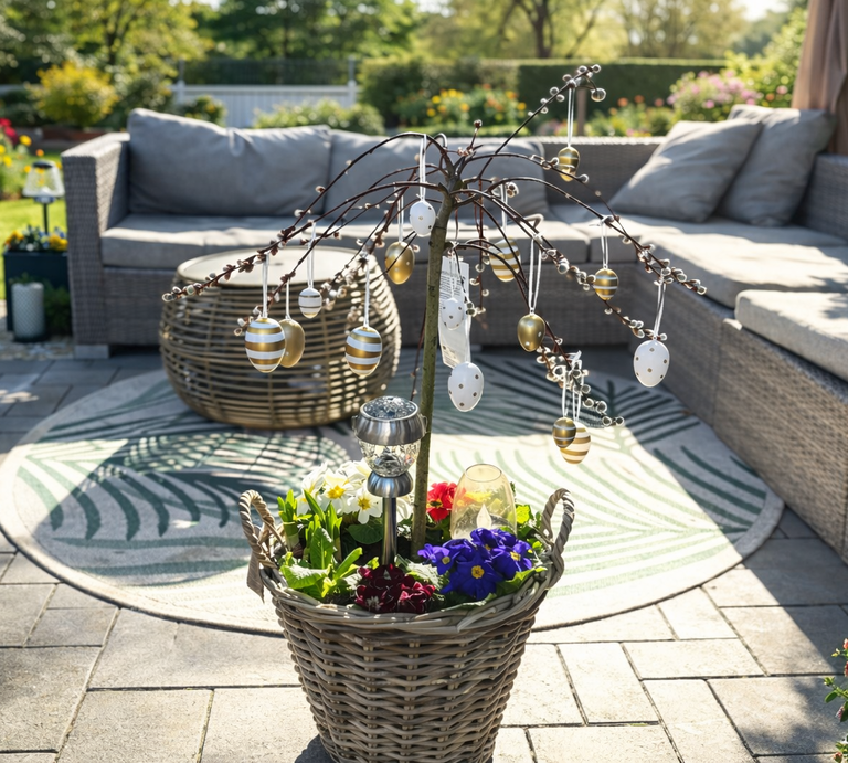 Ein mit goldenen und weißen Ostereiern geschmückter Zweig steht in einem Korb mit bunten Frühlingsblumen auf sonniger Terrasse. | © Generiert mit KI (Erstellt mit ChatGPT) 